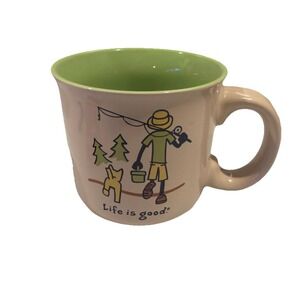 RARE HTF Life is Good Oversized coffee mug Adirondack Jake fishingโ With Dog